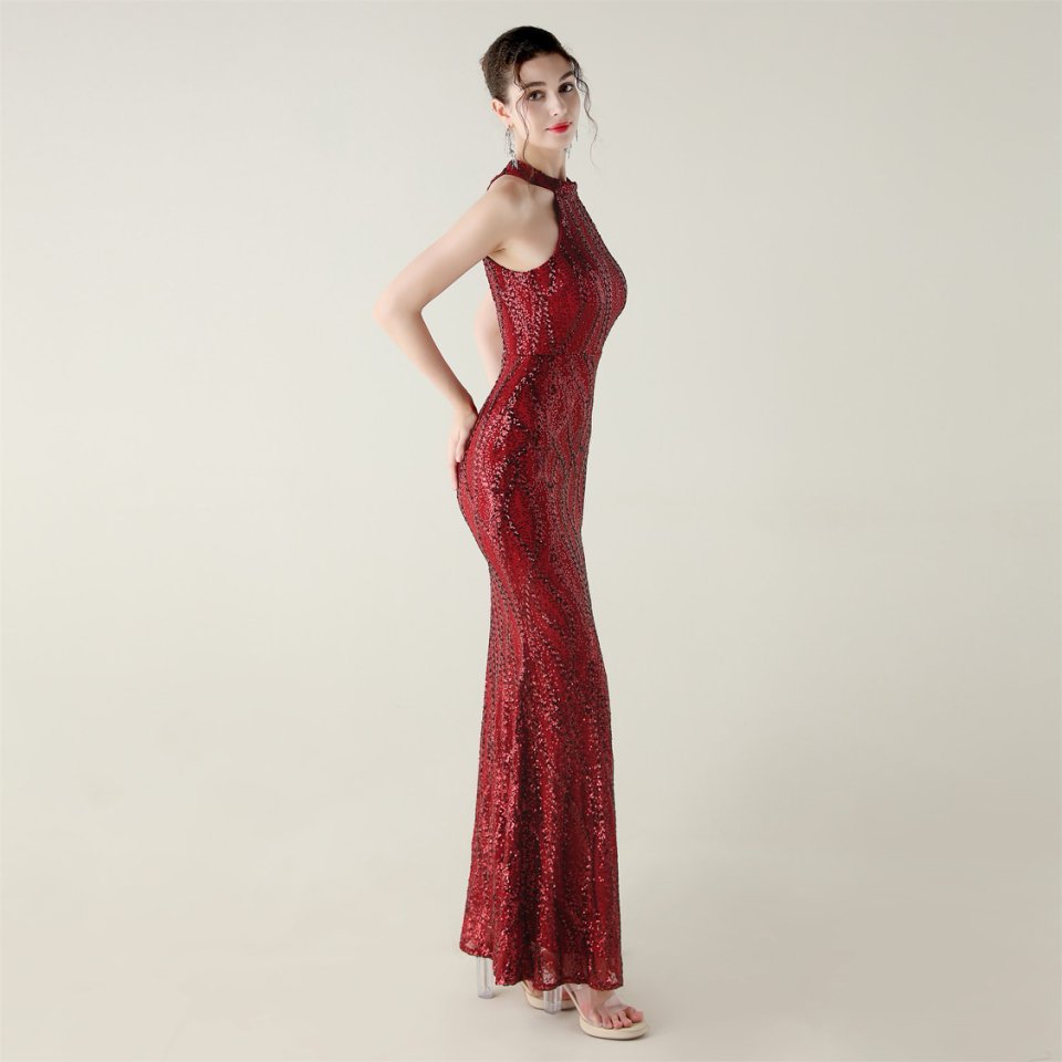 Halter Neck Sequins Backless Fitted Evening Gown (Red) (Made To Order)