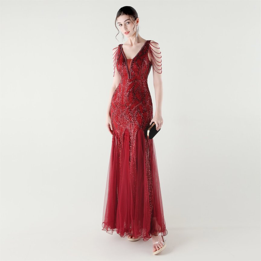 Fashion Crystal Beads with Splits Tail Evening Gown (Red) (Made To Order)