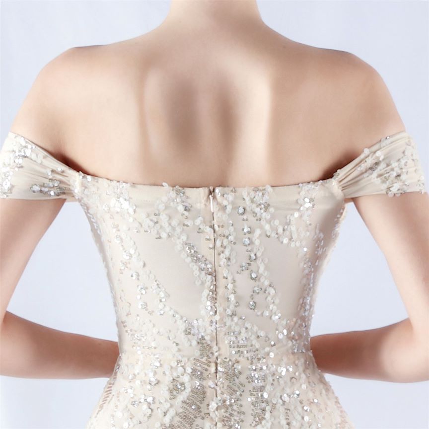 Off Shoulder Sequins Tulle Evening Gown (Silver) (Made To Order)
