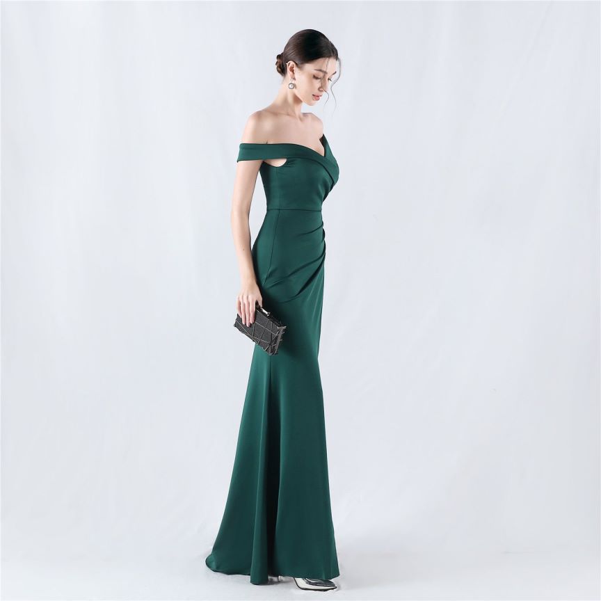 Pleated Off Shoulder Slim Evening Dress (Green) (Made To Order)