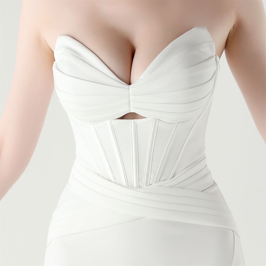Strapless Pleated Corset Evening Gown (White) (Made To Order)