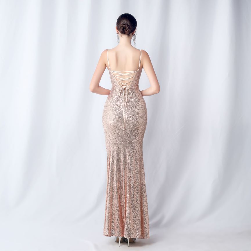 Glamorous Spaghetti Sequins Evening Gown (Rose Gold) (Made To Order)