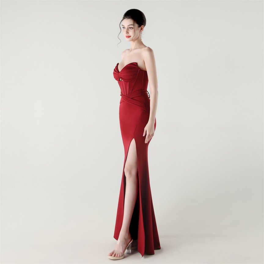 Strapless Pleated Corset Evening Gown (Maroon) (Made To Order)