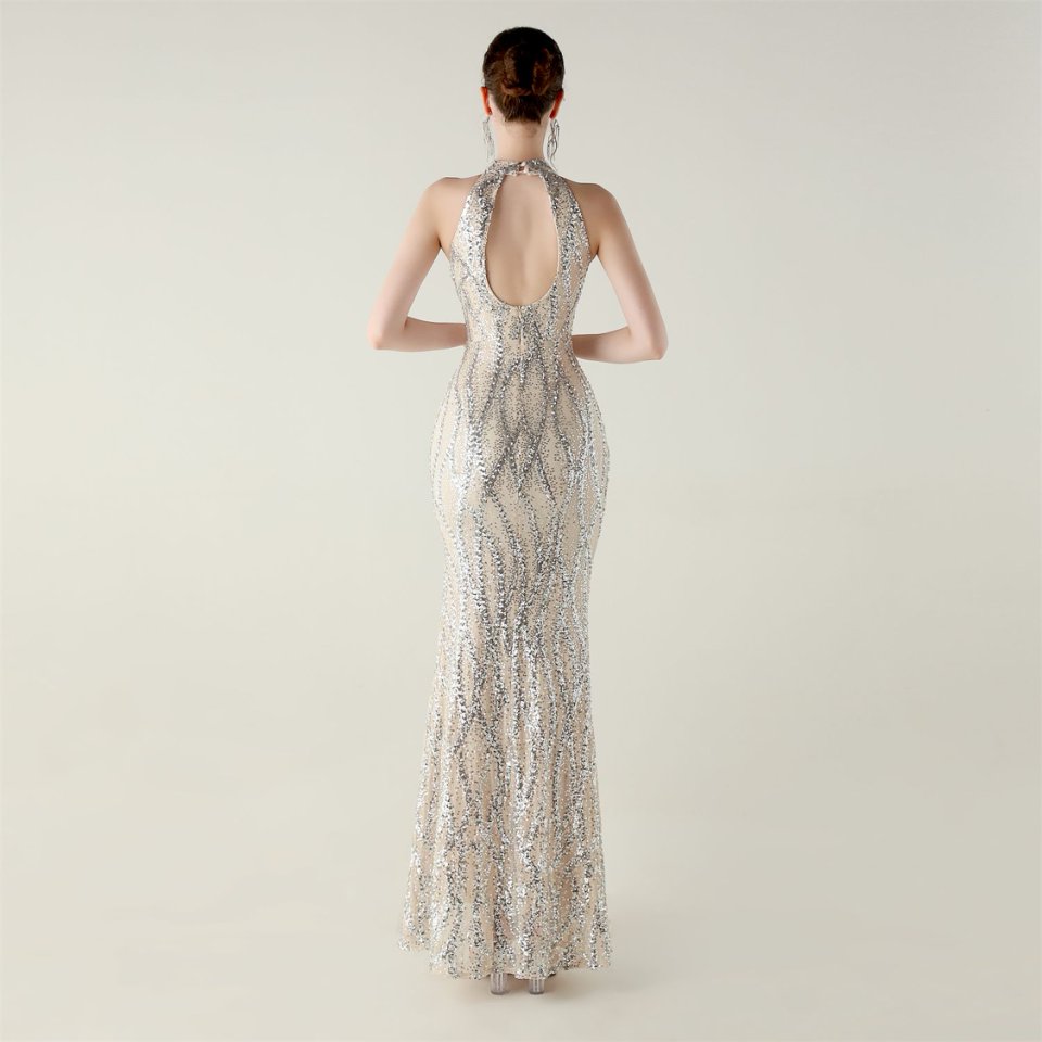 Halter Neck Sequins Backless Fitted Evening Gown (Silver) (Made To Order)