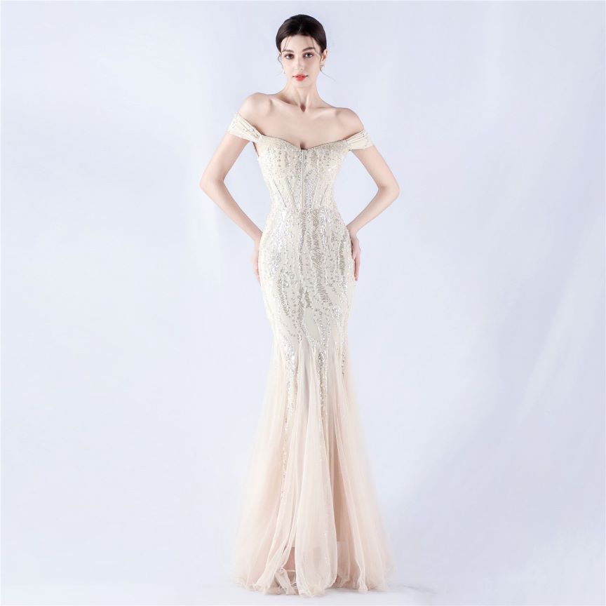 Off Shoulder Sequins Tulle Evening Gown (Silver) (Made To Order)