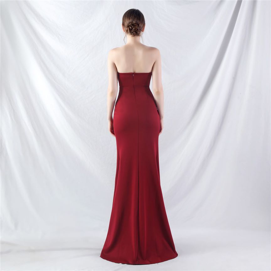 Strapless Crystal Beads Corset Overlap Slit Evening Gown (Burgundy) (Made To Order)