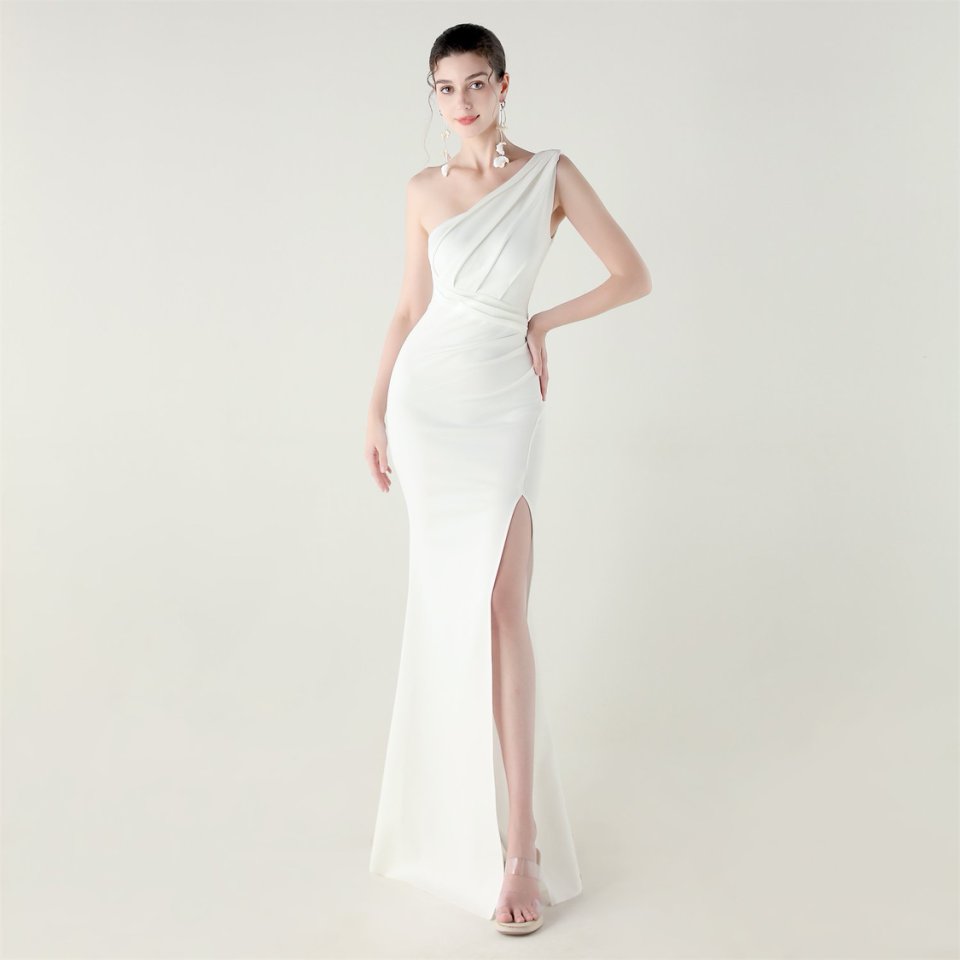 One Side Shoulder Pleated Evening Gown (White) (Made To Order)
