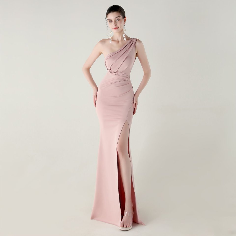One Side Shoulder Pleated Evening Gown (Pink) (Made To Order)