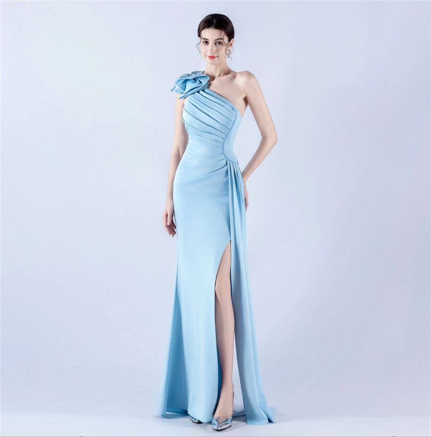 Gorgeous One Side Shoulder Evening Gown (Light Blue) (Made To Order)