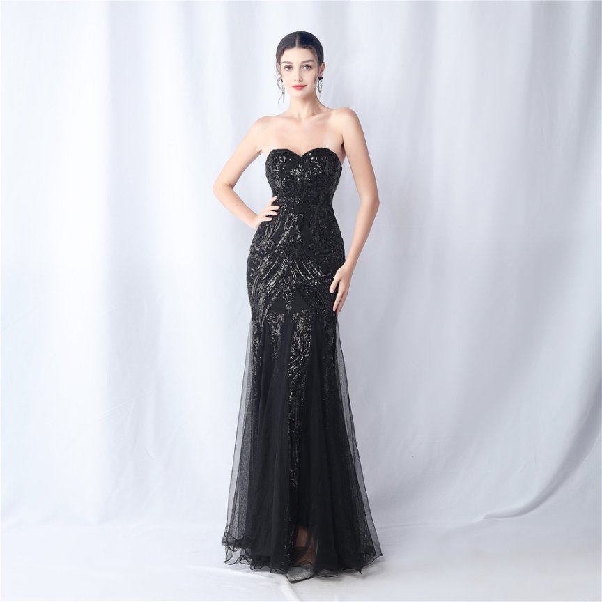 Strapless Sequins Frills Evening Gown (Black) (Made To Order)