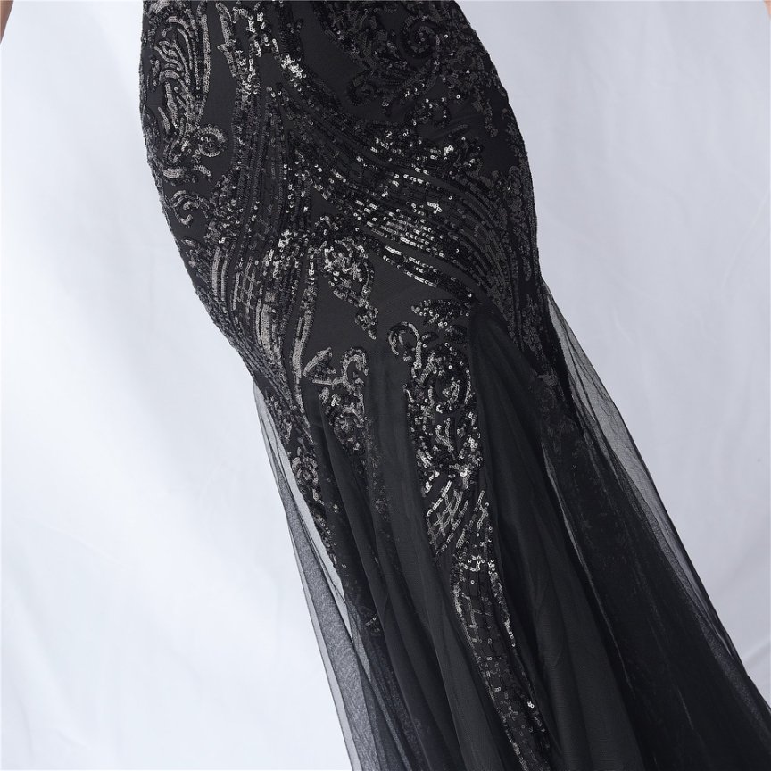 Strapless Sequins Frills Evening Gown (Black) (Made To Order)