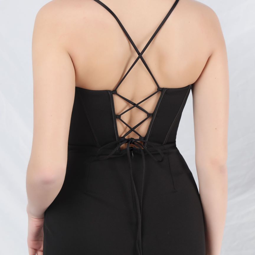 Spaghetti Back Cross Overlap Slit Evening Gown (Made To Order) (Black)