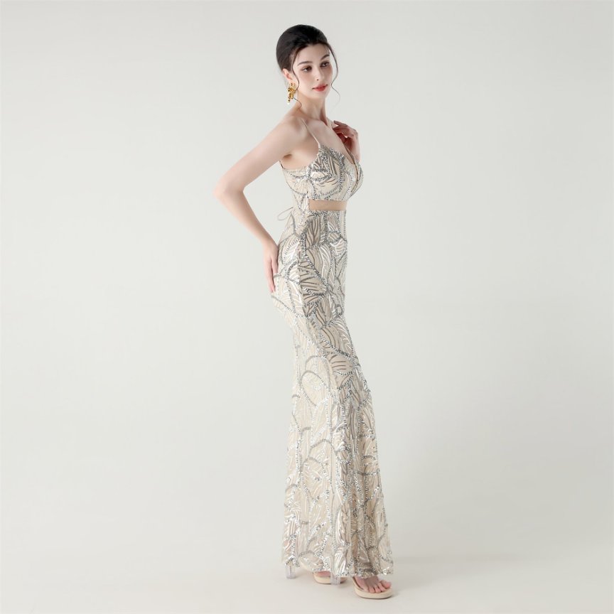 Elegant Sequin Pattern Mermaid Evening Gown (Silver) (Made To Order)