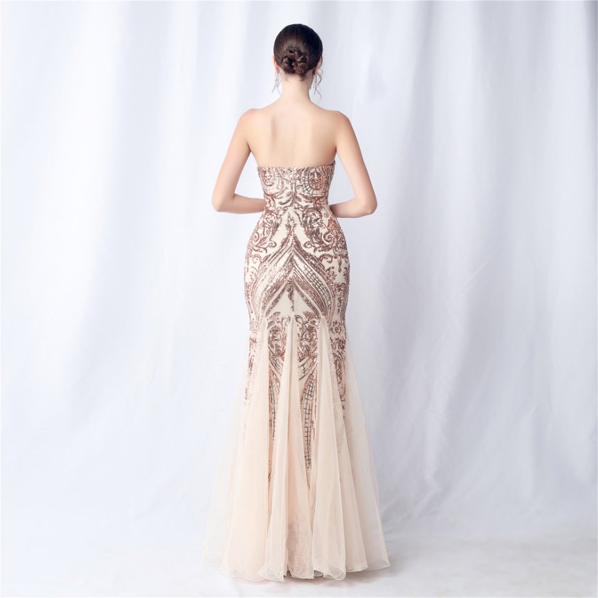 Strapless Sequins Frills Evening Gown (Rose Gold) (Made To Order)