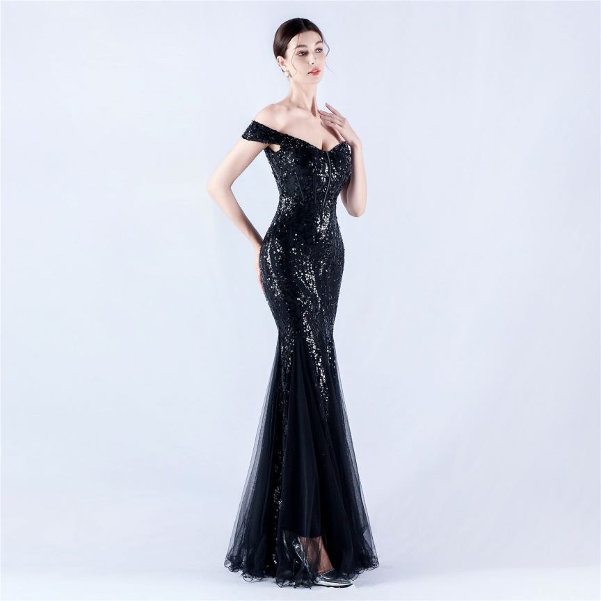 Off Shoulder Sequins Tulle Evening Gown (Black) (Made To Order)