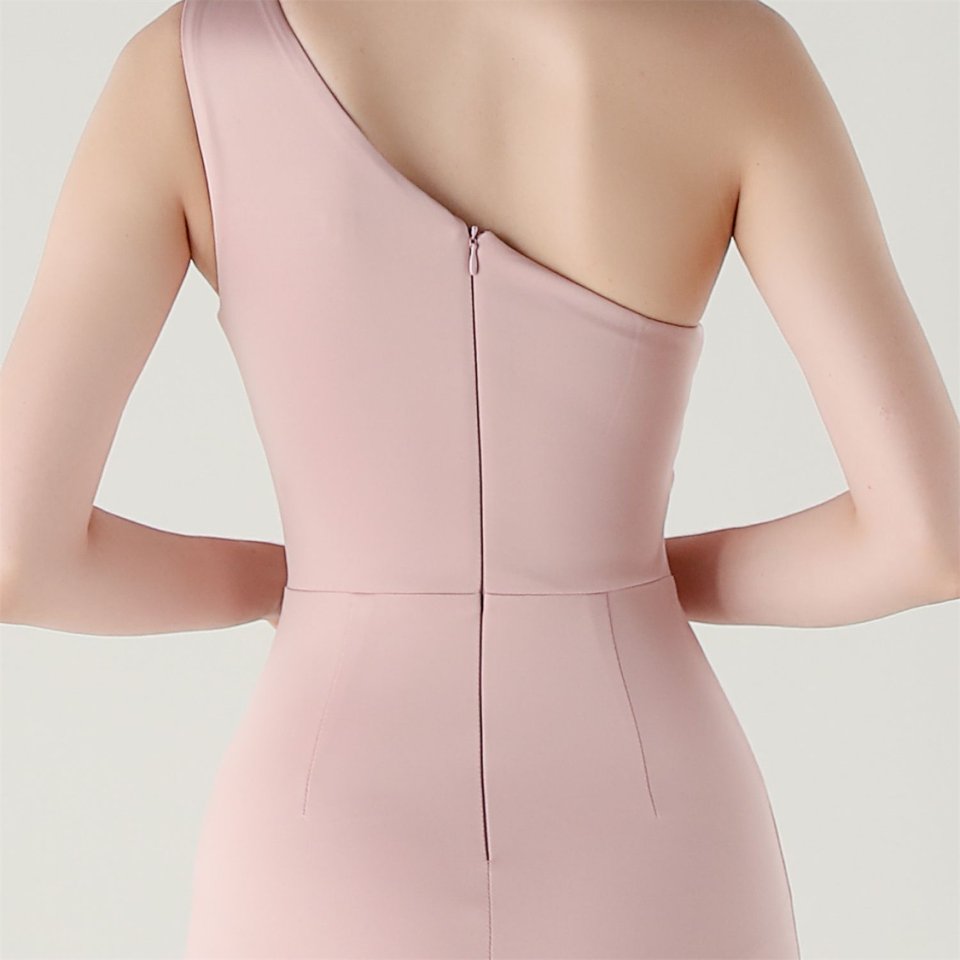 One Side Shoulder Pleated Evening Gown (Pink) (Made To Order)