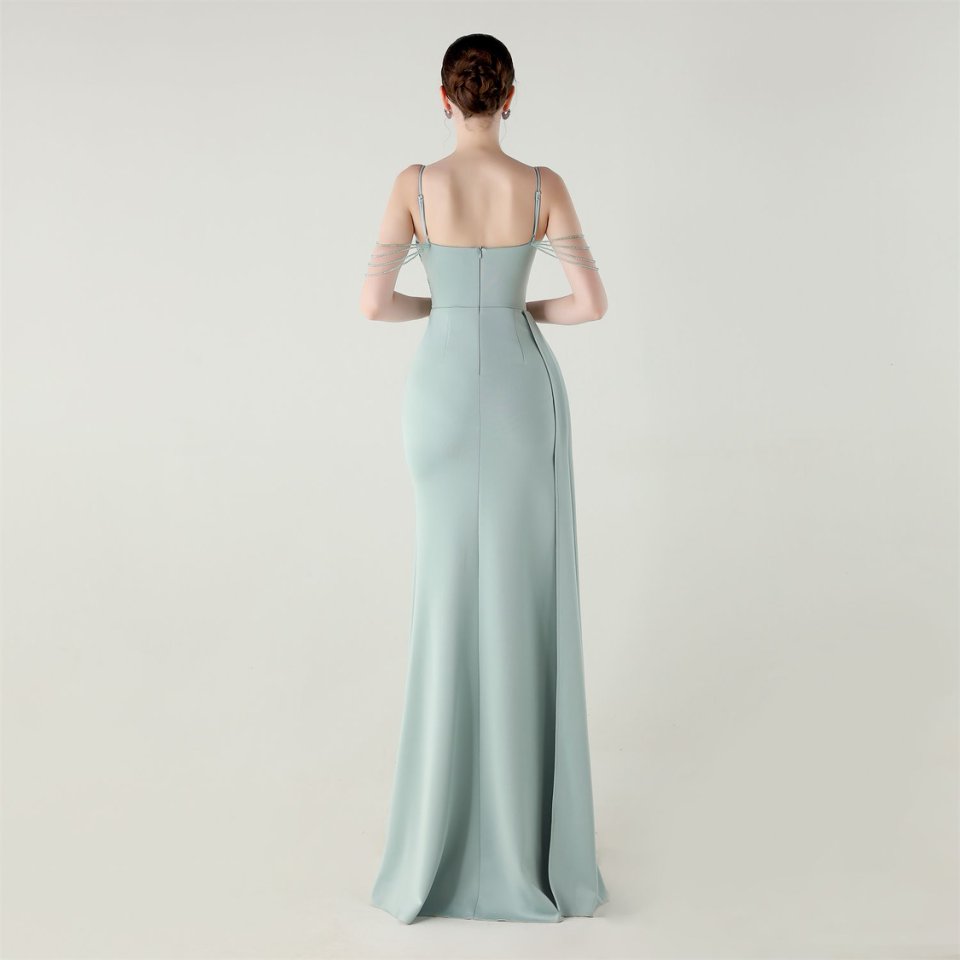 Crystal Beads Spaghetti Pleated Waist Evening Gown (Lake) (Make To Order)