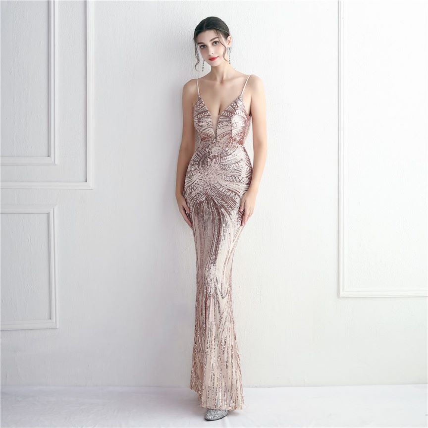 Spaghetti Strap Sequins Evening Gown (Rosegold) (Made To Order)