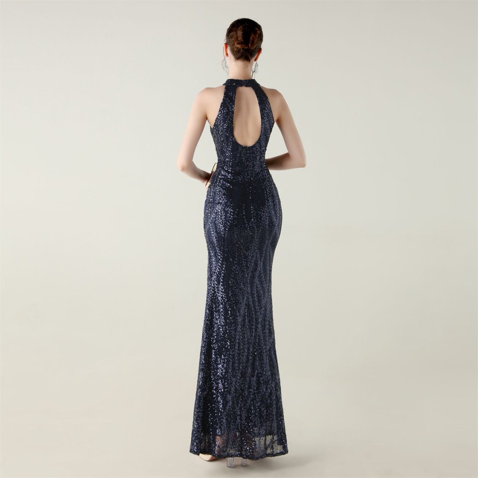 Halter Neck Sequins Backless Fitted Evening Gown (Navy Blue) (Made To Order)