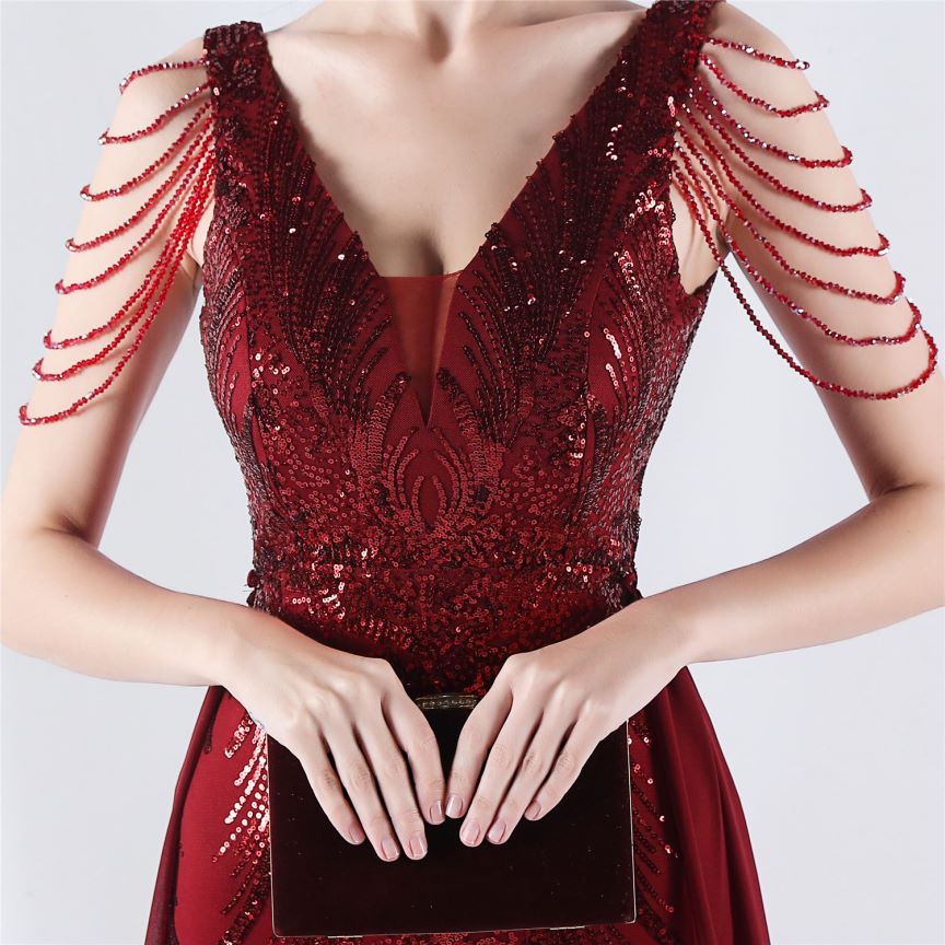 Elegant Crystal Beads Sequins Mermaid Cape Skirt Gown (Burgundy) (Made To Order)