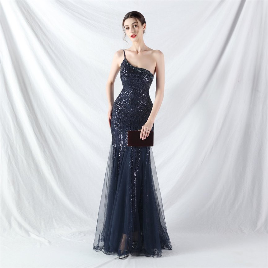 Elegant One-Shoulder Black Sequin Evening Gown with Tulle Skirt (Navy Blue) (Retail)
