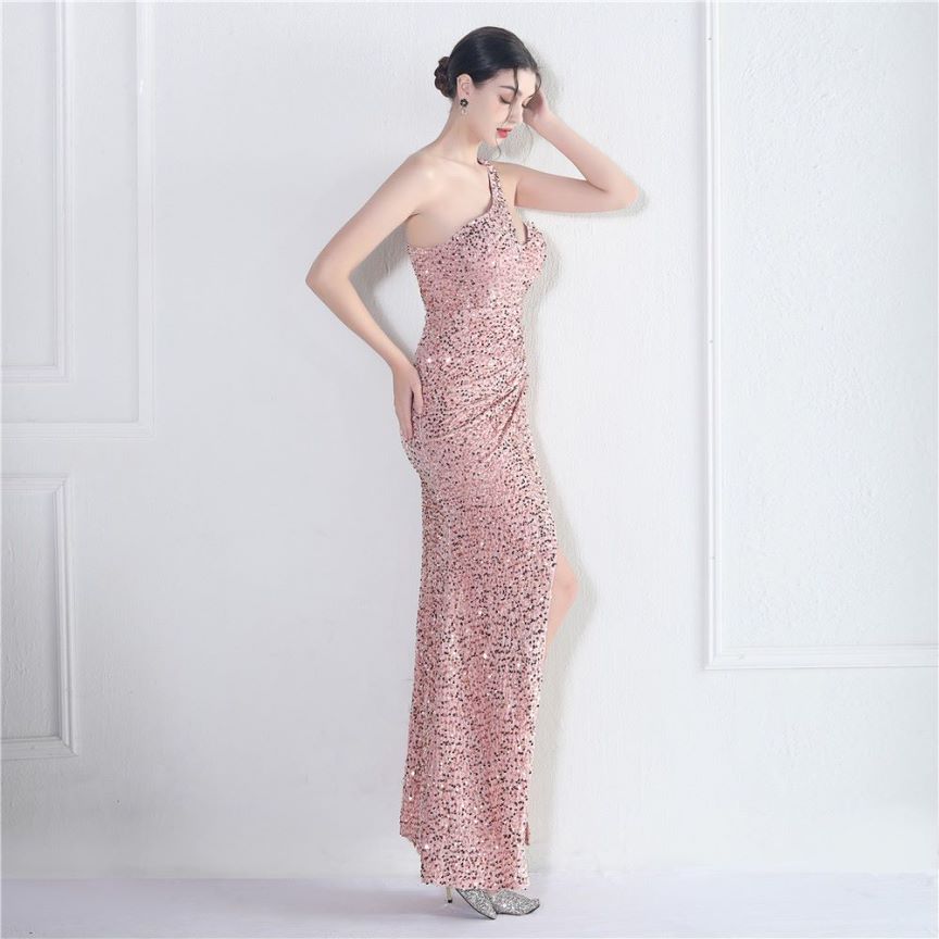 One Side Shoulder Sequins with Overlap Slit Evening Gowns (Pink) (Made To Order)