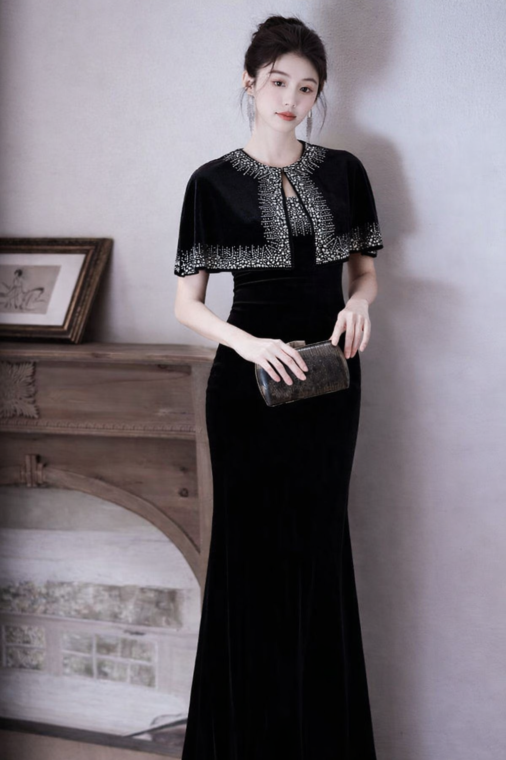 Elegant Crystal Cape Black Evening Gown (Retail)