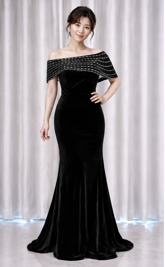 Off Shoulder Rhinestones Velvet Gown (Black) (Retail) 