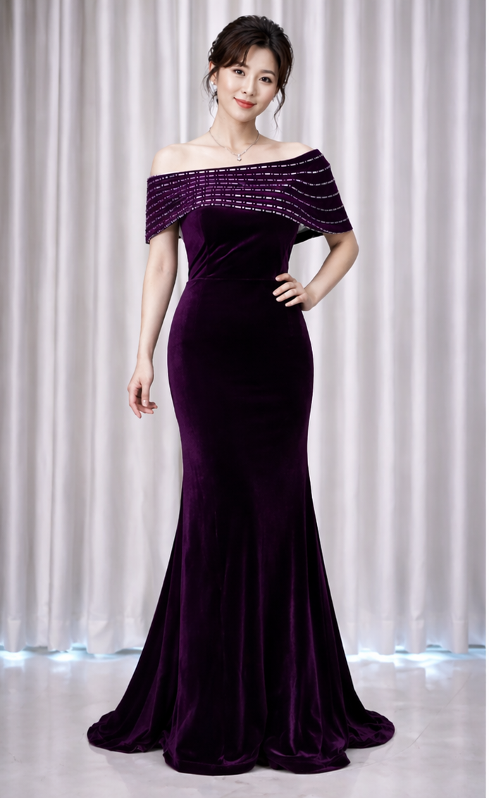 Off Shoulder Rhinestones Velvet Gown (Retail)