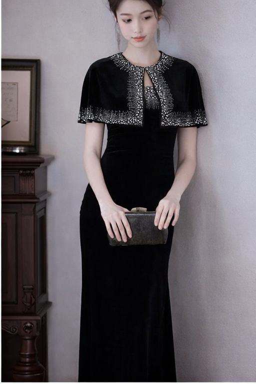 Elegant Crystal Cape Black Evening Gown (Retail)