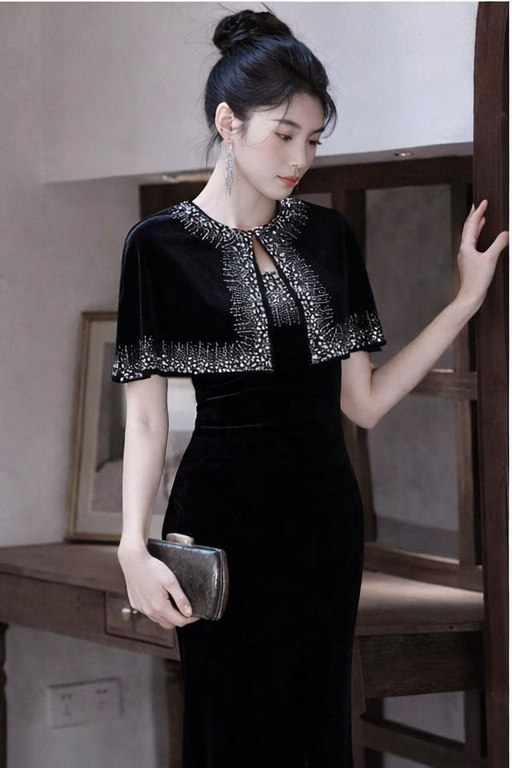 Elegant Crystal Cape Black Evening Gown (Retail)