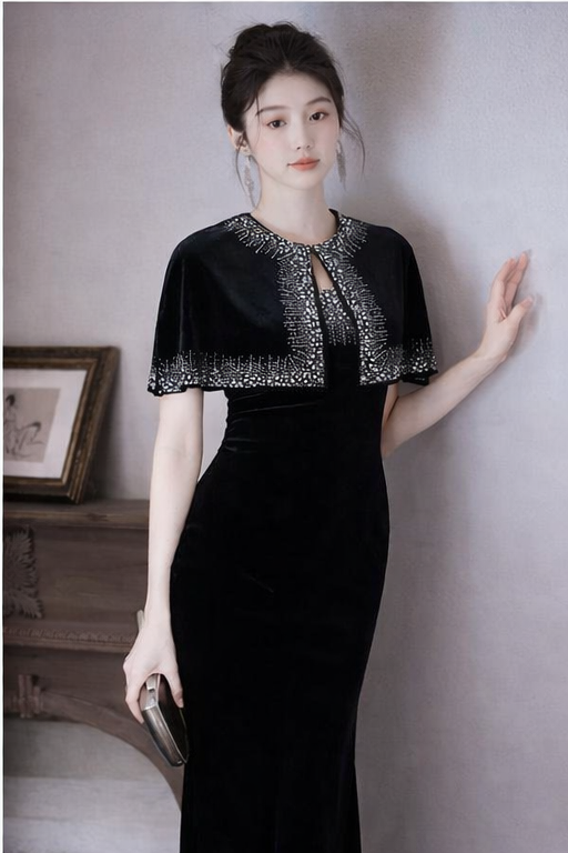 Elegant Crystal Cape Black Evening Gown (Retail)