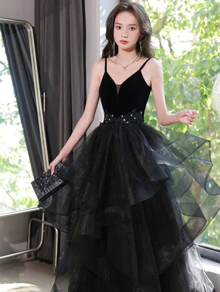 Spaghetti Ruffles Velvet Ball Gown (Made To Order)