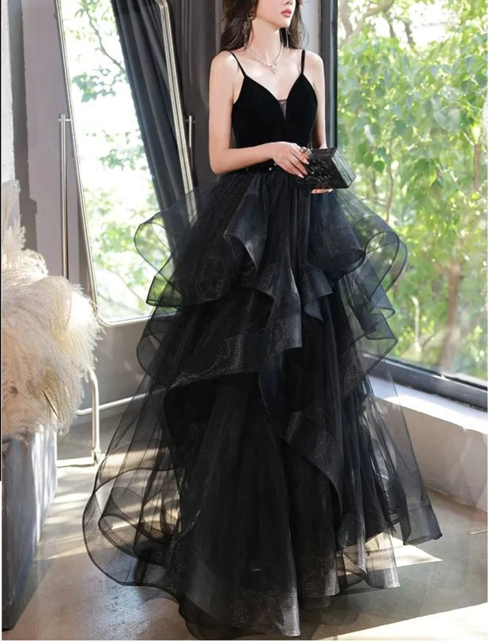 Spaghetti Ruffles Velvet Ball Gown (Made To Order)