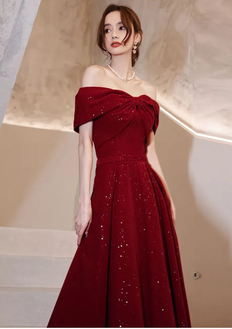 Off Shoulder Velvet Red Evening Gown (Retail)