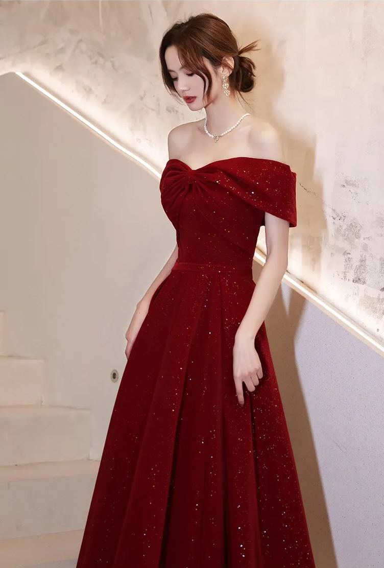 Off Shoulder Velvet Red Evening Gown (Retail)