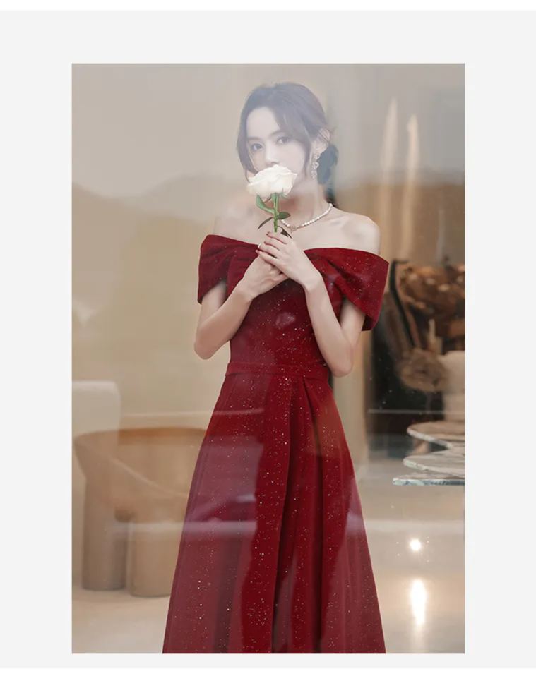 Off Shoulder Velvet Red Evening Gown (Retail)