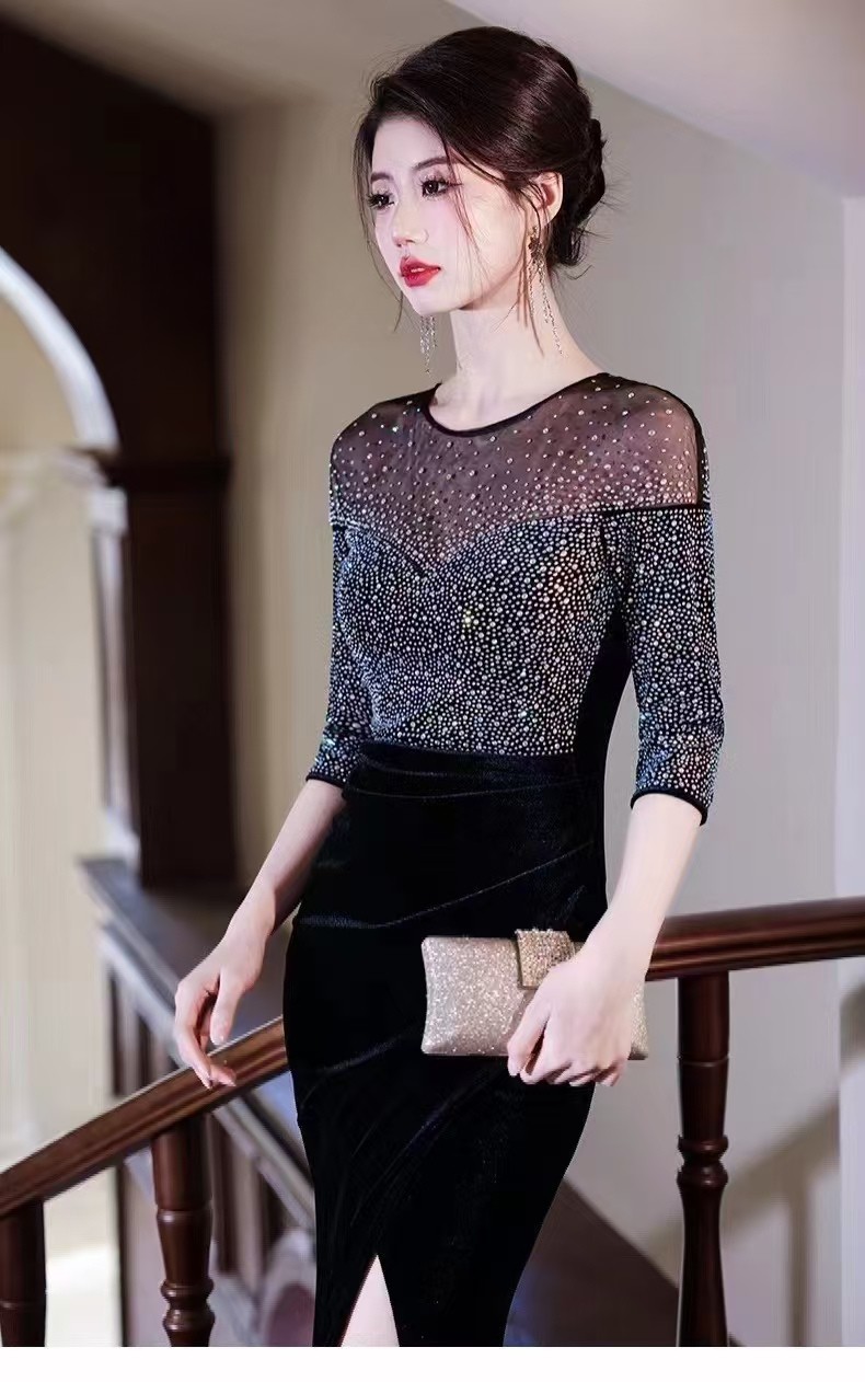 Half Sleeve Bling Velvet Gown (Made To Order)