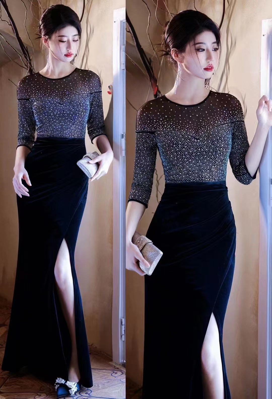 Half Sleeve Bling Velvet Gown (Made To Order)