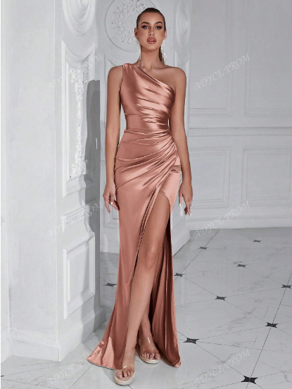 Elegant Satin One Side Off Shoulder with Pleated Slit Gown (Rose Gold) (Retail)