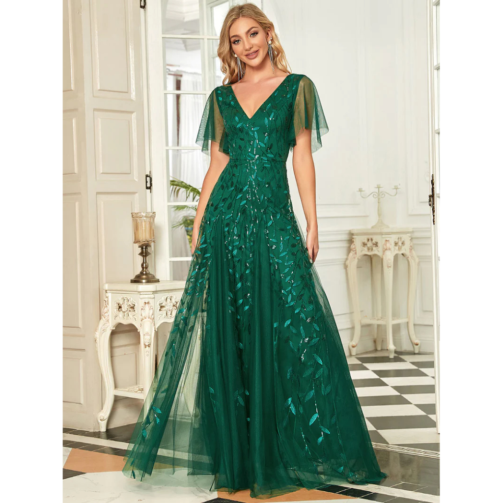 [MTO] Shimmery V Neck Ruffle Sleeves Evening Gown (Dark Green) (Made To Order)