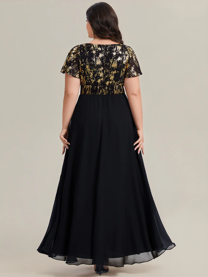 Plus Size Short Sleeve Ruffle Black Gold Evening Gown