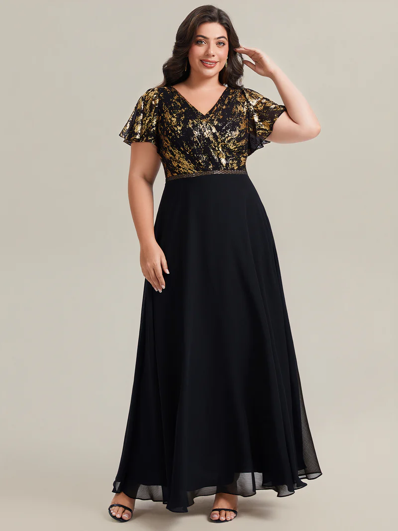 Plus Size Short Sleeve Ruffle Black Gold Evening Gown