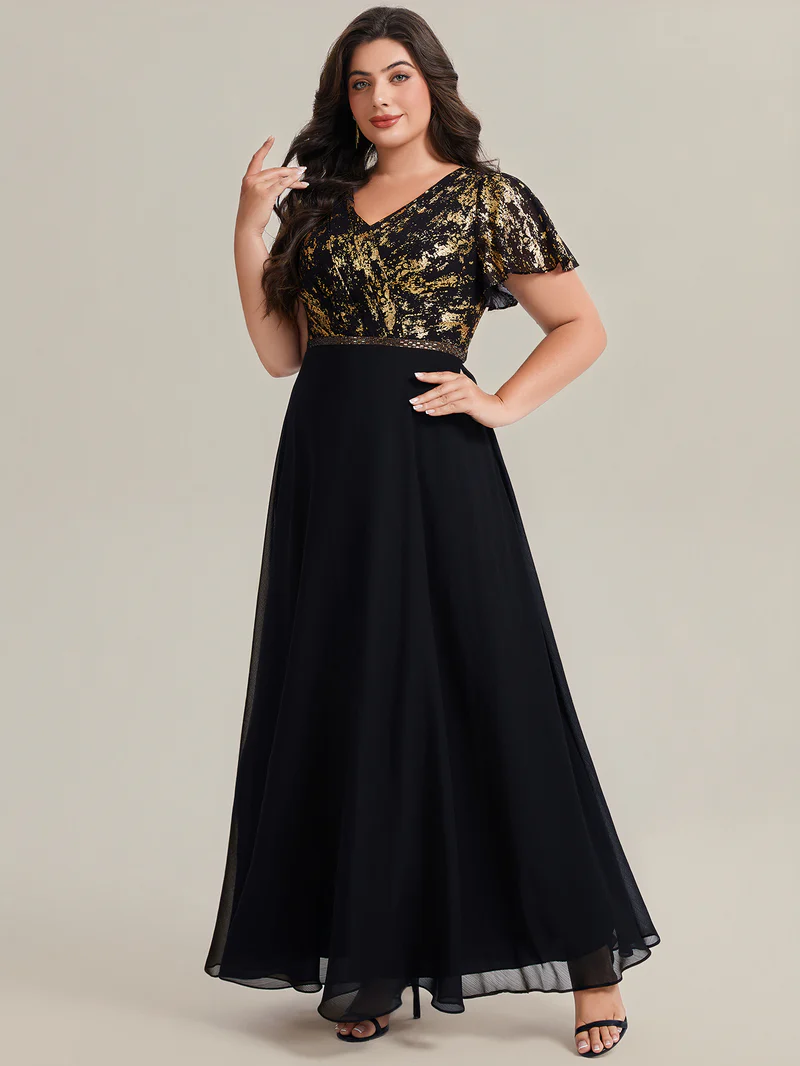 Plus Size Short Sleeve Ruffle Black Gold Evening Gown