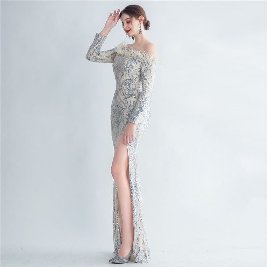 Off Shoulder Feather Sequins with High Slit Gown (Silver) (Made To Order)