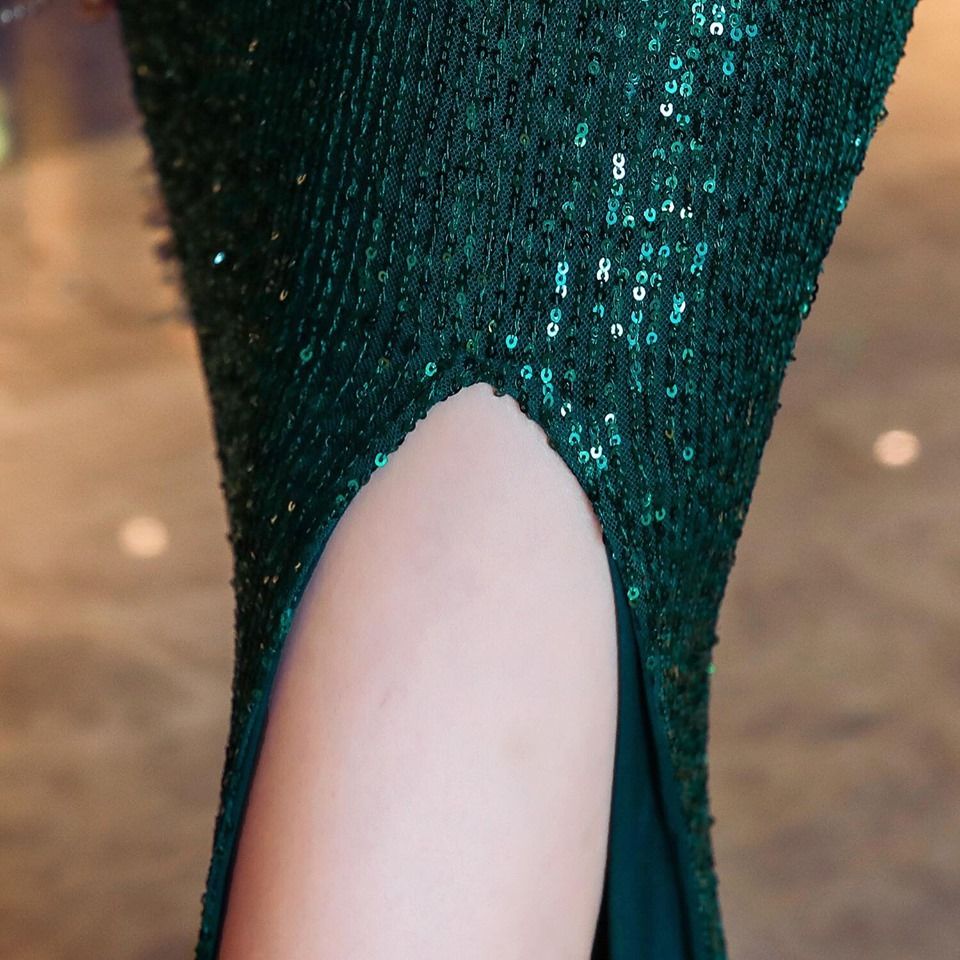 One Side Long Sleeve Sequins Mermaid Gown (Green) (Made To Order)