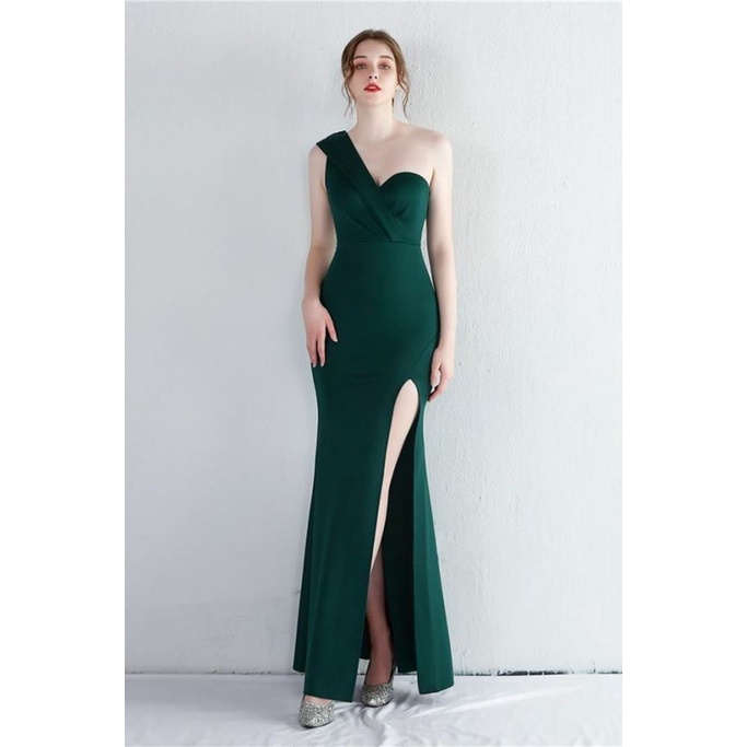 One Side Off Shoulder with High Slit Evening Dress (Green) (Made To Order)