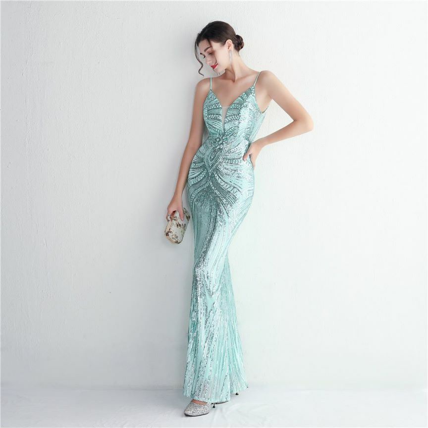 Low Back Spaghetti Mermaid Evening Gown (Light Green) (Made To Order)