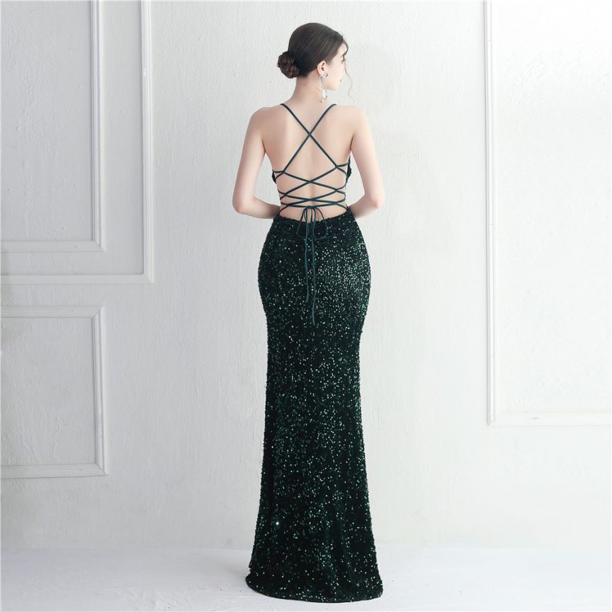 Back Cross String Sequins With Slit Evening Gown (Green) (Made To Order)