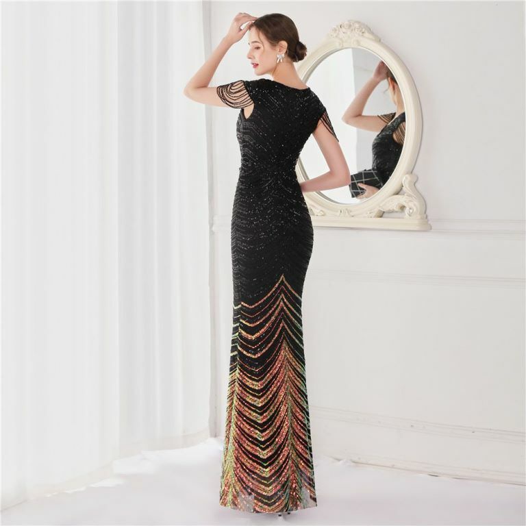 Illusion V-Neck Sequins with Beads Mermaid Evening Gown (Black) (Retail)